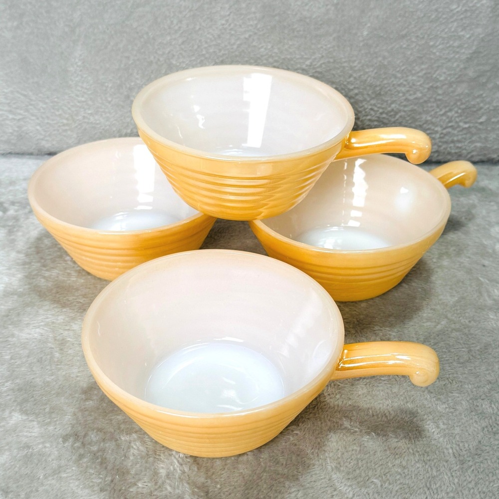 Vintage Fire King Peach Lustre French Onion Soup Bowls‎ Chili Handled Set 4 USA